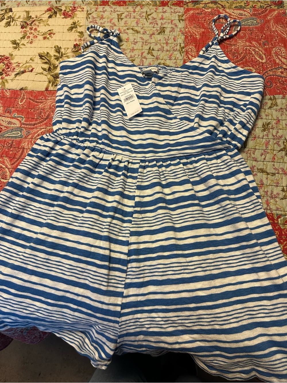 American Eagle Outfitters Blue and White Striped Romper with Tie Straps